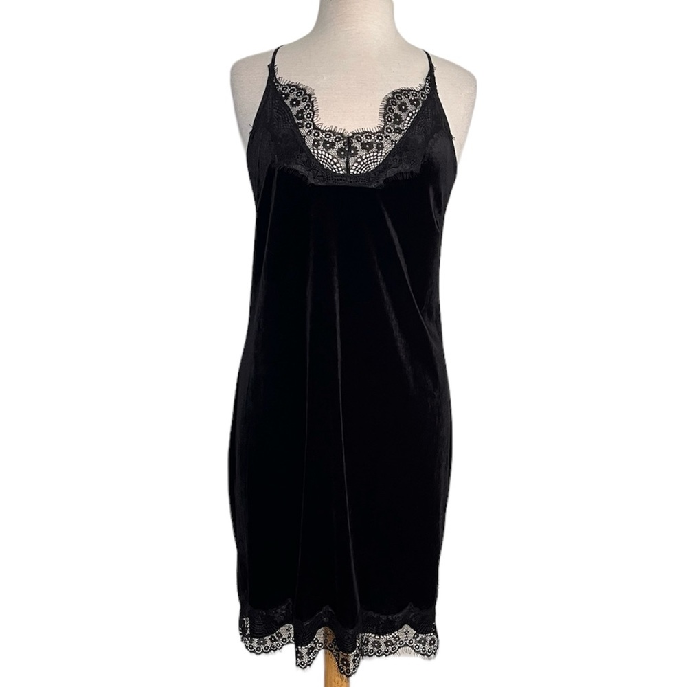 Boston Proper Black Velvet Slip Dress Velour Nightgown Loungewear M Medium